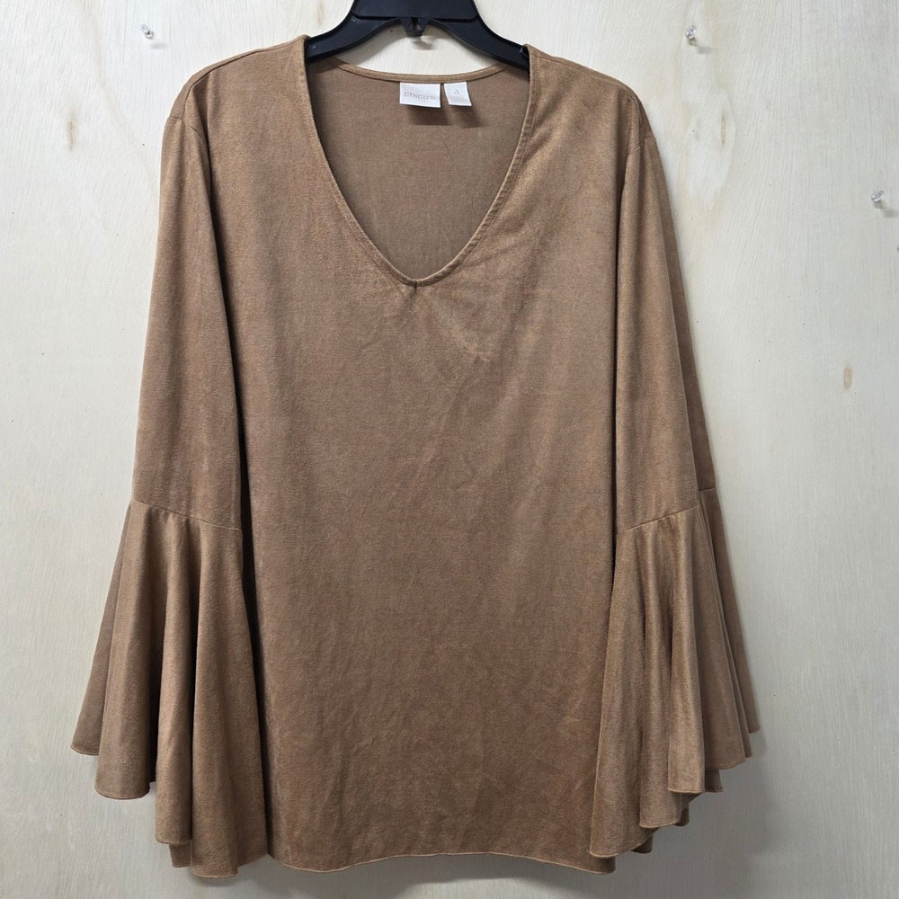 Chico's Brown Faux Suede V-Neck Top Tiered Bell Sleeve Blouse Size 4 XXL